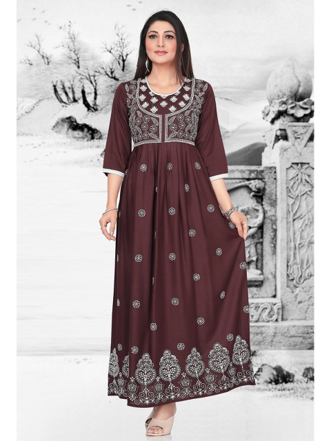 

Ayukti Women Coffee Brown & White Ethnic Motifs Embroidered Anarkali Kurta