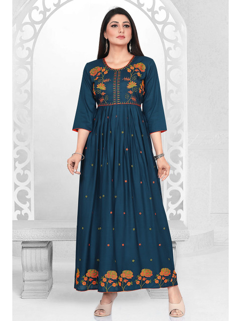 

Ayukti Women Teal Floral Embroidered Anarkali Kurta