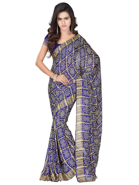 

MOKSHA DESIGNS Blue & Gold-Toned Bandhani Pure Georgette Bandhani Saree