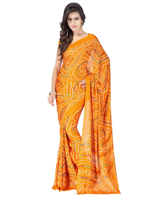 

MOKSHA DESIGNS Gold-Toned & White Bandhani Pure Georgette Bandhani Saree