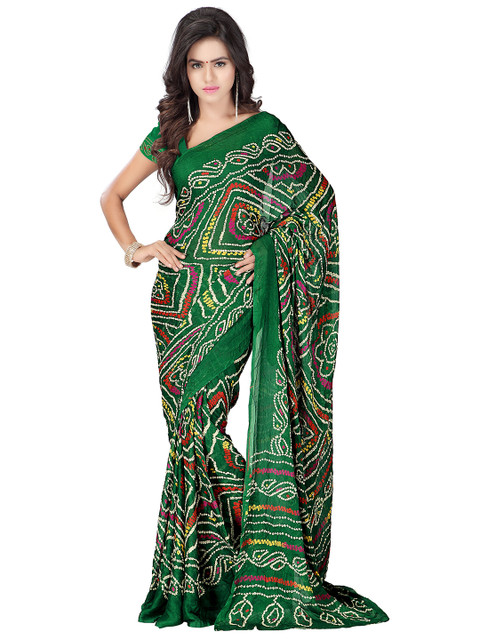 

MOKSHA DESIGNS Green & White Bandhani Pure Georgette Bandhani Saree