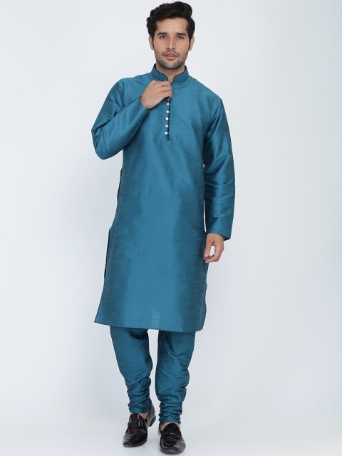 

ROYAL KURTA Men Green Pleated Dupion Silk Kurta with Pyjamas