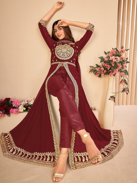 

Divine International Trading Co Maroon & Gold-Toned Embroidered Unstitched Dress Material