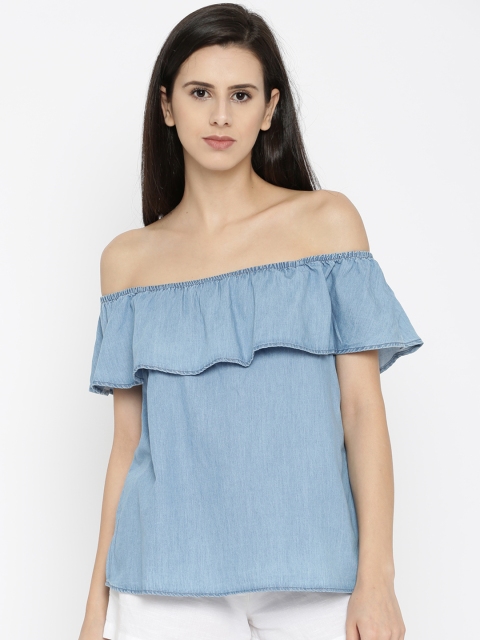 

Vero Moda Women Blue Solid Bardot Pure Cotton Top
