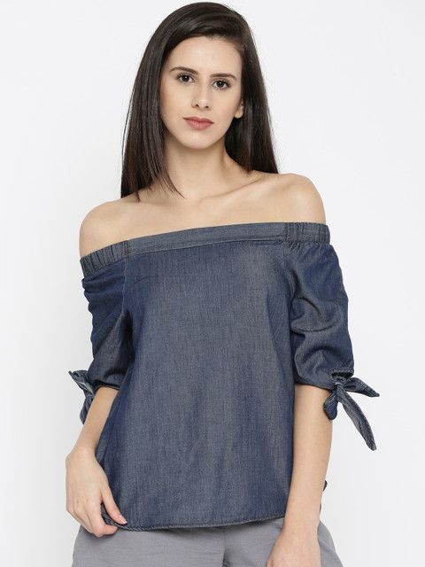 

Vero Moda Women Blue Denim Solid Bardot Pure Cotton Top