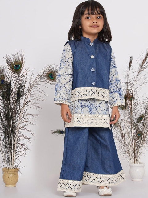 

Little Bansi Girls Blue Ethnic Motifs Printed Pleated Pure Cotton Kurta with Skirt & With Dupatta