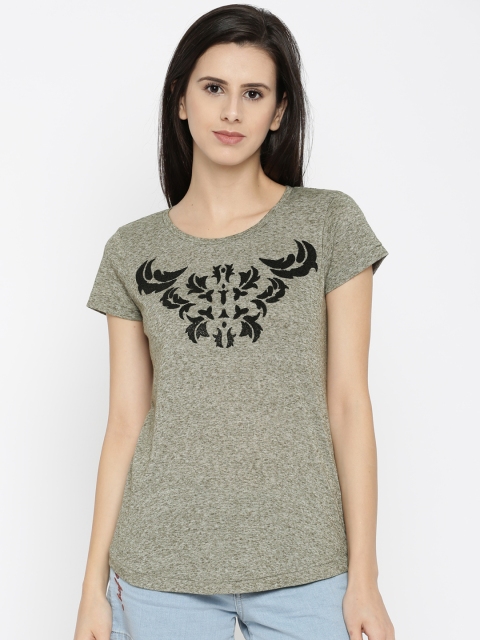 

Vero Moda Women Olive Green Self-Design Round Neck T-Shirt