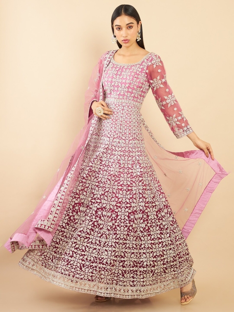 

Soch Pink & Gold-Toned Ethnic Motifs Embroidered Crepe Ethnic Maxi Dress