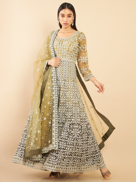 

Soch Women Yellow Floral Embroidered Crepe Maxi Dress with Dupatta