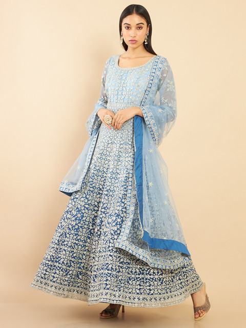 

Soch Women Blue Floral Crepe Ethnic Maxi Dress
