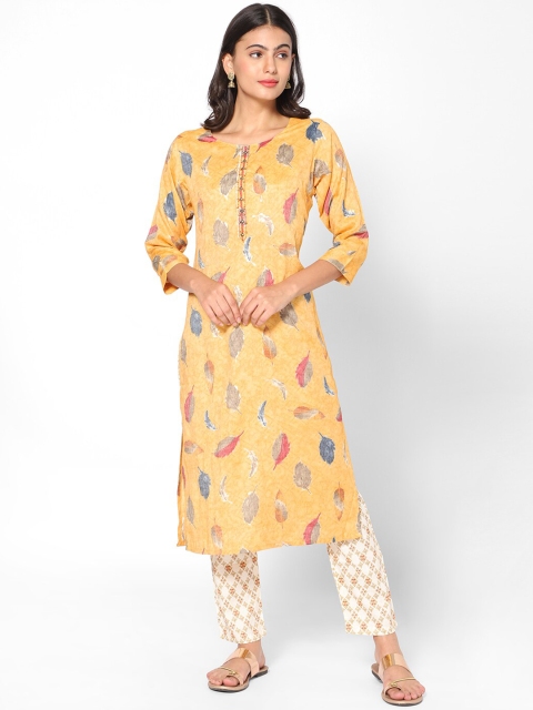 

Kiya Women Yellow Floral Printed Kurta with Trousers