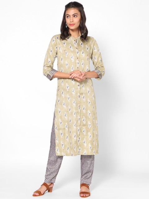 

Kiya Women Khaki Printed Kurta with Trousers