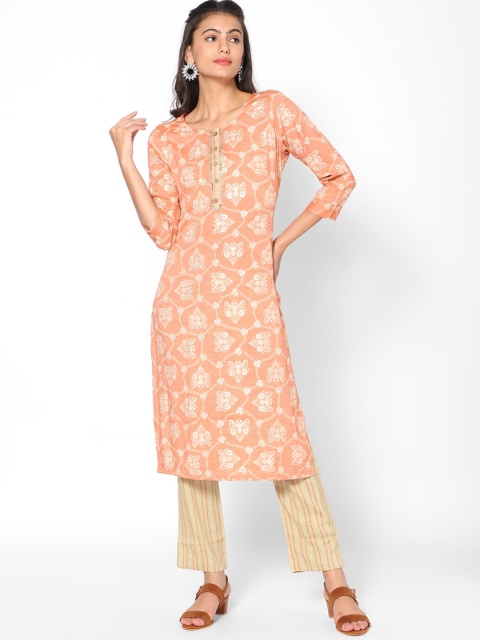 

Kiya Women Peach-Coloured Ethnic Motifs Printed Kurta with Trousers