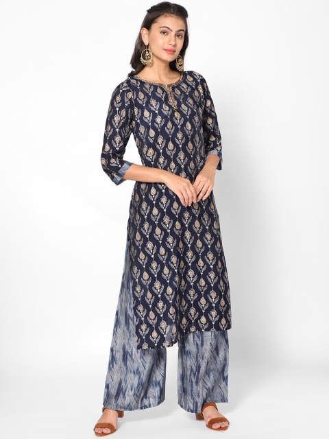 

Kiya Women Navy Blue Ethnic Motifs Printed Kurta with Palazzos