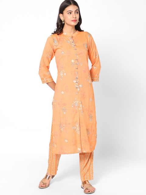 

Kiya Women Orange Ethnic Motifs Embroidered Kurta with Trousers