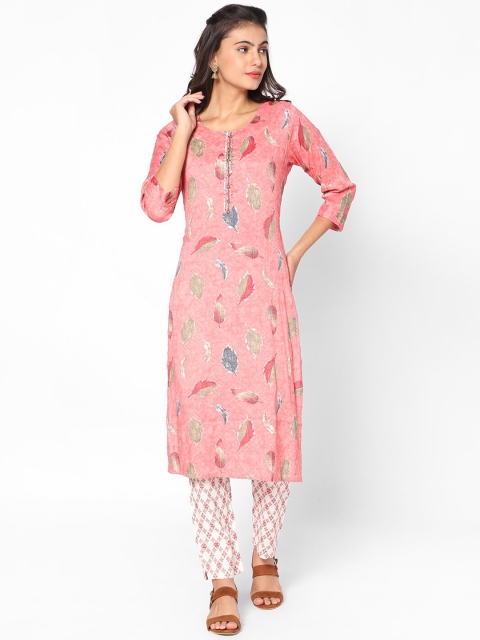 

Kiya Women Pink Ethnic Printed Round Neck Kurta with Trousers
