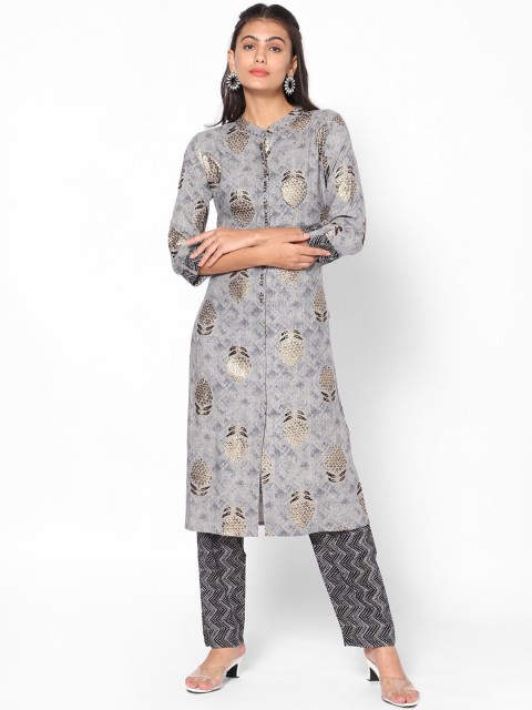 

Kiya Women Grey Ethnic Motifs Printed Kurta with Trousers