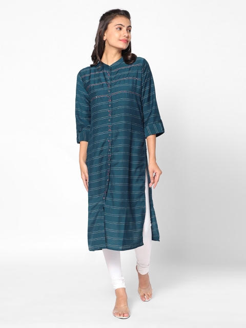 

Kiya Women Turquoise Blue Striped Thread Work Kurta