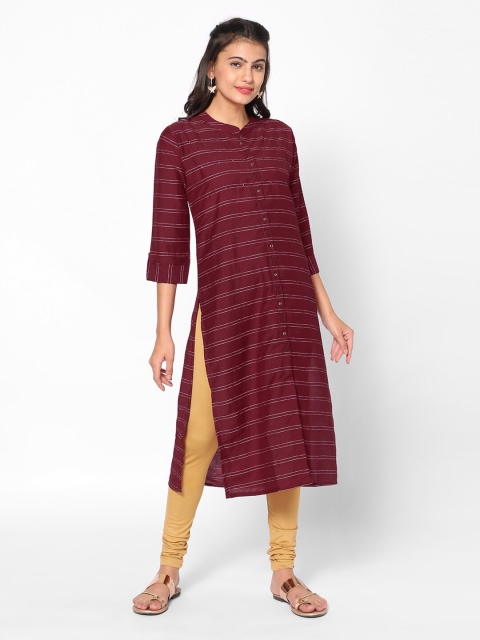 

Kiya Maroon Striped Mandarin Collar Pure Chiffon Jacquard Kurta