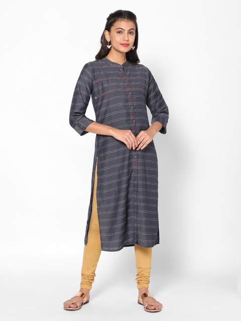 

Kiya Women Grey Striped Thread Work Kurta