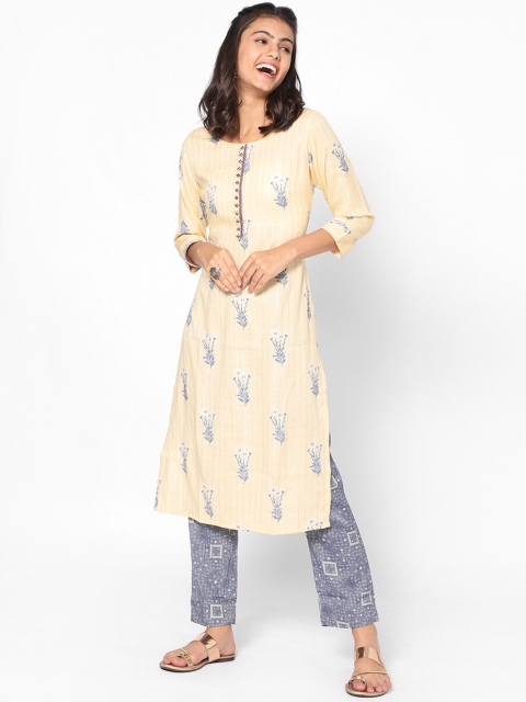 

Kiya Women Yellow Floral Printed Kurta with Trousers