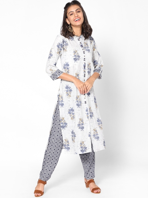 

Kiya Women White Floral Printed High Slit Kurta with Trousers