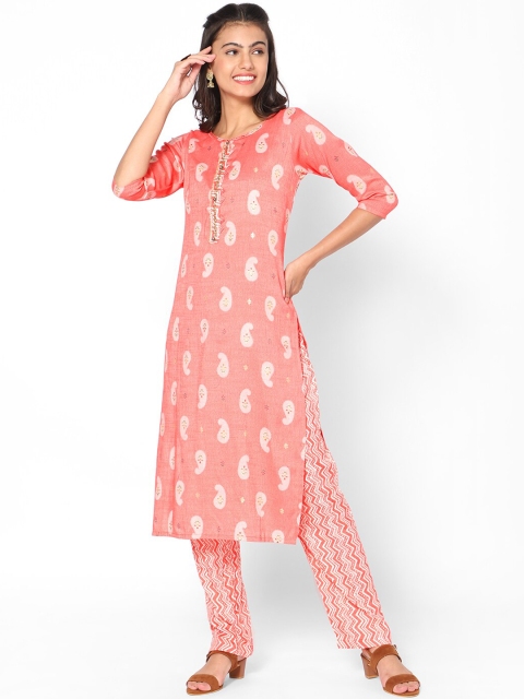 

Kiya Women Peach-Coloured Ethnic Motifs Printed Kurta with Trousers
