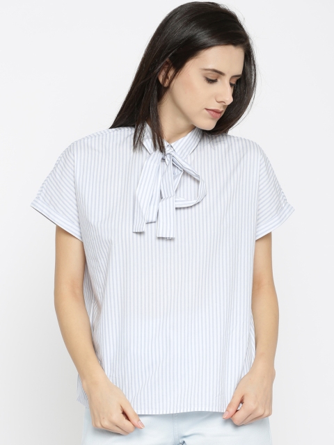 

Vero Moda Blue & White Striped Boxy Pure Cotton Top