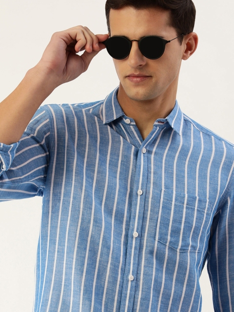 

Bene Kleed Men Blue & White Standard Slim Fit Striped Cotton Linen Casual Shirt