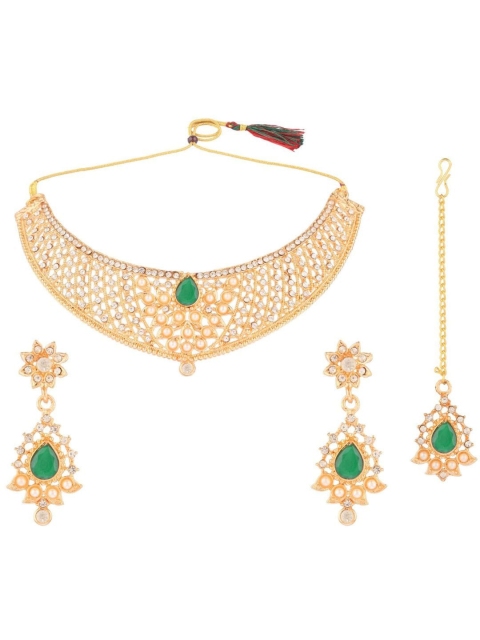 

Efulgenz Women Gold-Plated White & Green Crystal-Studded Jewellery Set