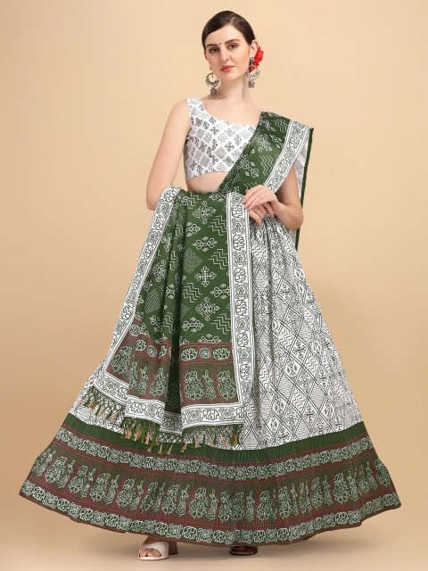 

Fab Viva women White& Green Printed Semi-Stitched Lehenga & Unstitched Blouse With Dupatta
