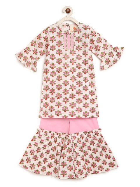 

charkhee Girls Pink & White Printed Block Print Ready to Wear Lehenga &