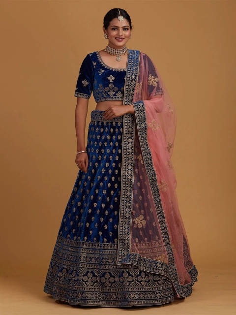

RIVAMA Blue & Gold-Toned Embroidered Sequinned Shibori Semi-Stitched Lehenga & Blouse With Dupatta