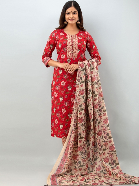 

GULMOHAR JAIPUR Women Red Floral Printed Pure Cotton Kurta with Trousers & With Dupatta
