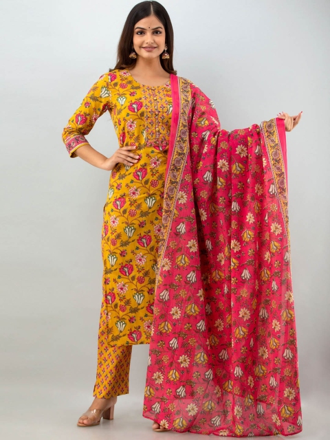 

GULMOHAR JAIPUR Women Mustard Yellow Floral Printed Pure Cotton Kurti with Palazzos & With Dupatta