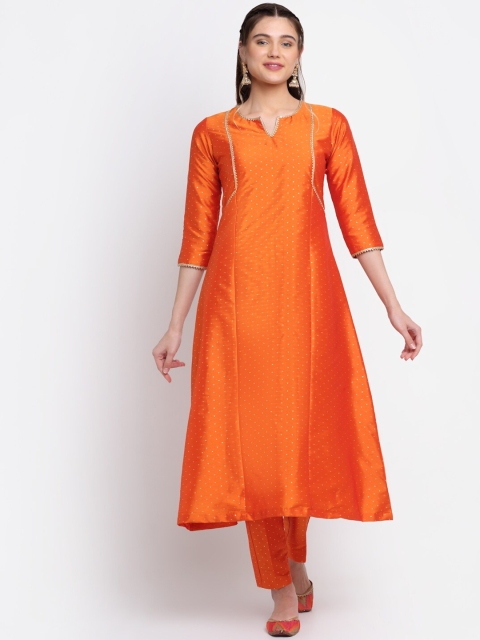 

anokherang Women Orange Mukaish Pure Silk Kurta with Trousers