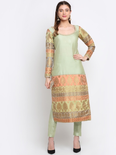 

anokherang Women Green Embroidered Patchwork Kurta with Trousers