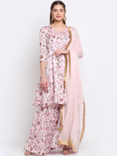 

anokherang Women Pink Floral Anarkali with Kalidar Palazzo and Fringed Chiffon Dupatta