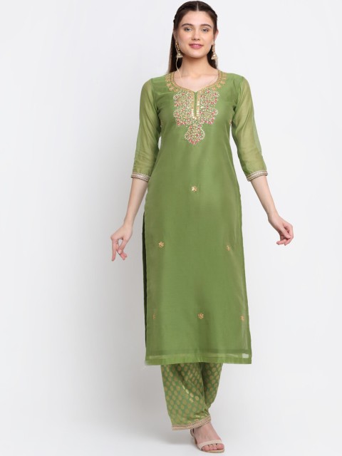 

anokherang Women Olive Green Embroidered Gotta Patti Chanderi Silk Kurta with Trousers