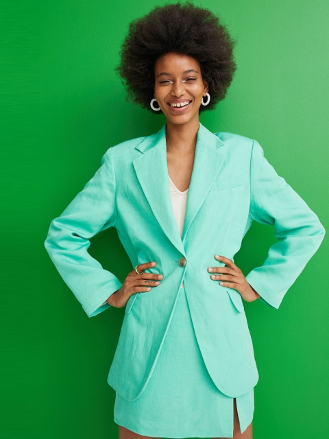 

H&M Women Sea Green Solid Oversized Linen-Blend Jacket