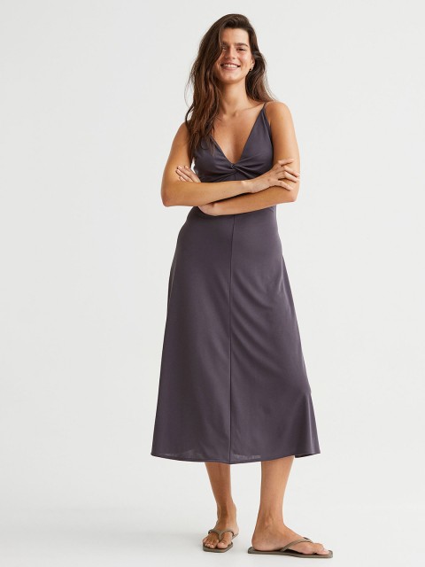 

H&M Women Grey Solid V-Neck Dress