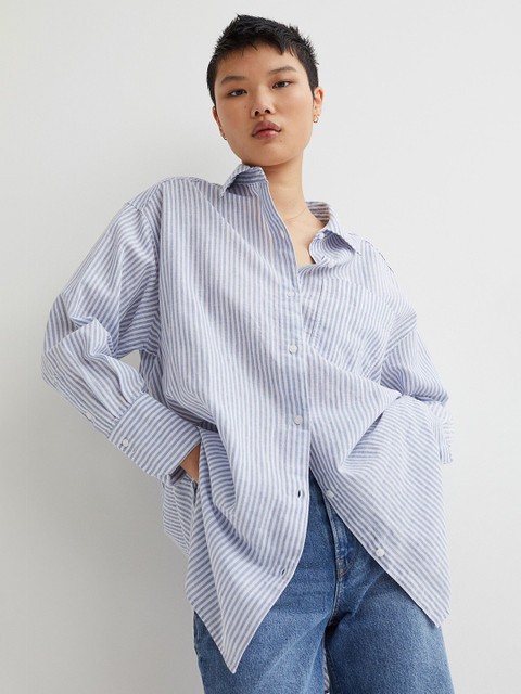 

H&M Women Blue & White Striped Oversized Linen-Blend Shirt