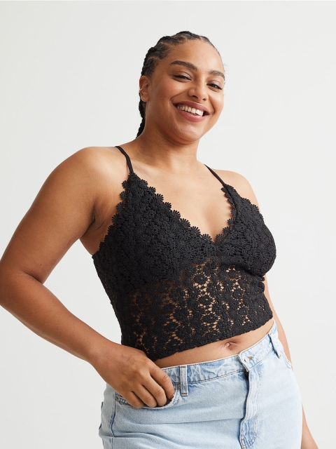 

H&M Women Black Lace Cropped Top