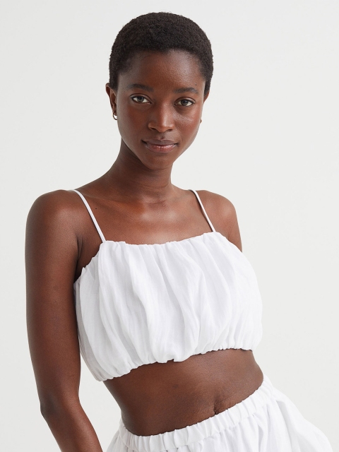

H&M White Shoulder Strap Gathered Blouson Crop Top
