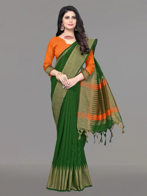 

VISHNU WEAVES Olive Green & Orange Woven Design Bhagalpuri Saree