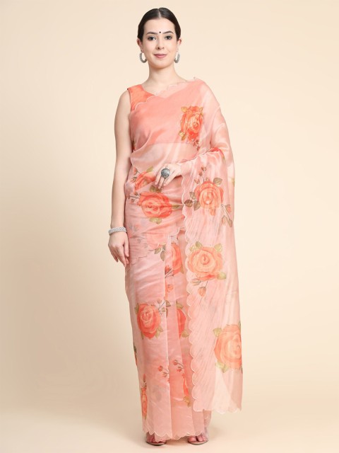 

VISHNU WEAVES Orange & Peach-Coloured Floral Organza Banarasi Saree