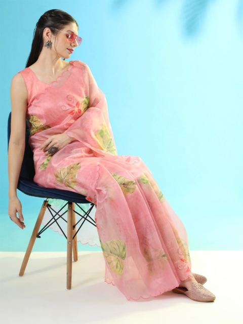 

VISHNU WEAVES Pink & Green Floral Organza Banarasi Saree