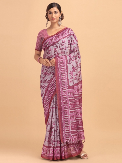 

VISHNU WEAVES Pink & Cream-Coloured Batik Linen Blend Banarasi Saree