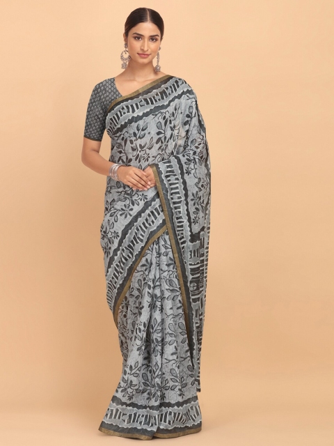 

VISHNU WEAVES Grey & White Batik Linen Blend Banarasi Saree
