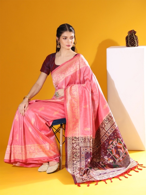 

VISHNU WEAVES Pink & Maroon Woven Design Zari Bhagalpuri Saree